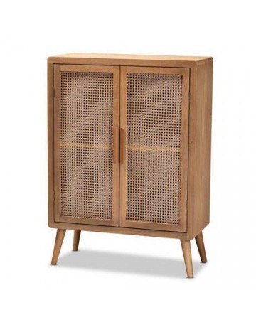 Baxton Studio Alina Mid-Century Modern Medium Finished Wood and Rattan 2-Door Accent Storage Cabinet