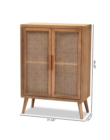 Baxton Studio Alina Mid-Century Modern Medium Finished Wood and Rattan 2-Door Accent Storage Cabinet