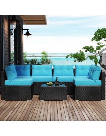 Blue Sofa Chair Set Outdoor w/ Cushions and Tea Table