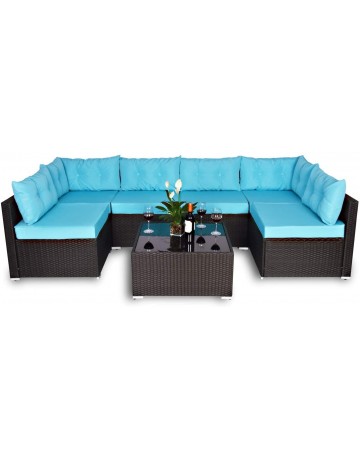 Blue Sofa Chair Set Outdoor w/ Cushions and Tea Table